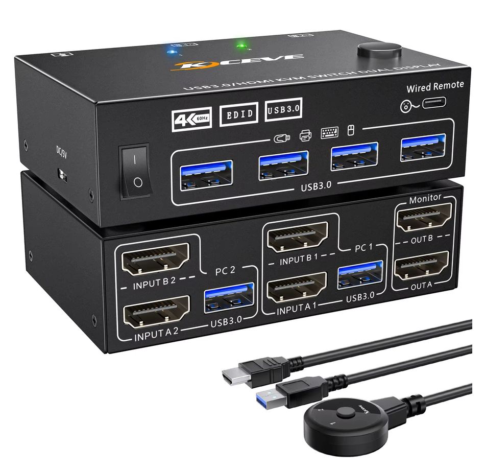 KVM-переключатель 2х2 HDMI 2.0 4K60Гц USB3.0, для двух мониторов, удлинитель кнопки переключения 1.5м, черный