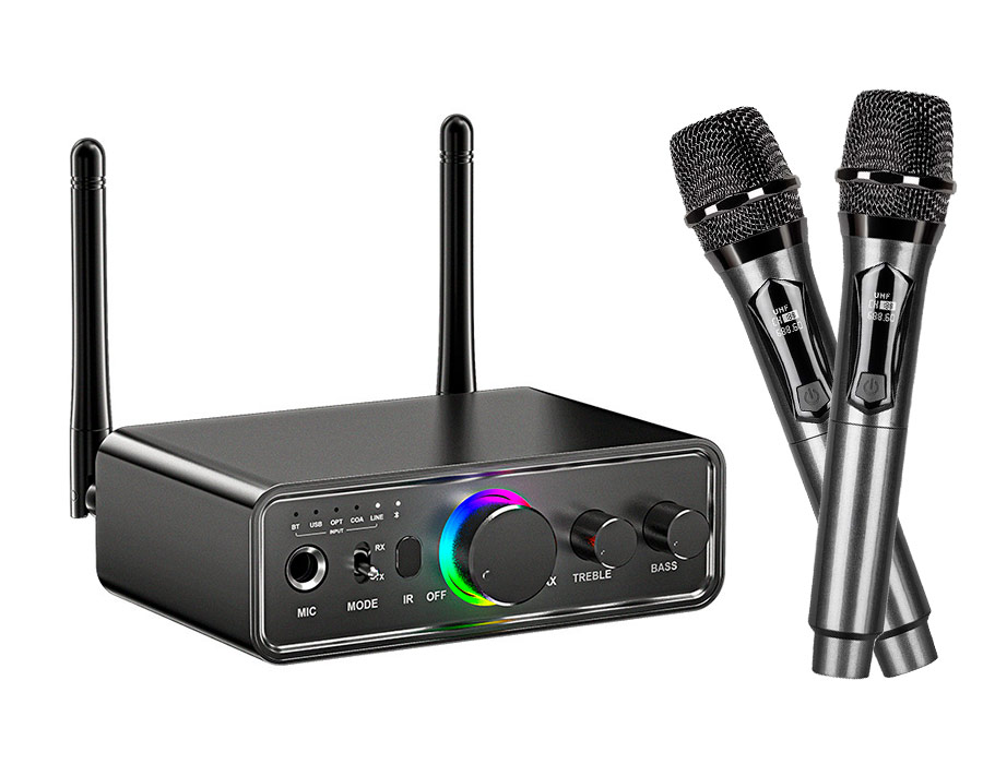Караоке-система Аудио адаптер Hi-Fi M18, беспроводной микрофон DM-682, комплект: 2 микрофона + приемник