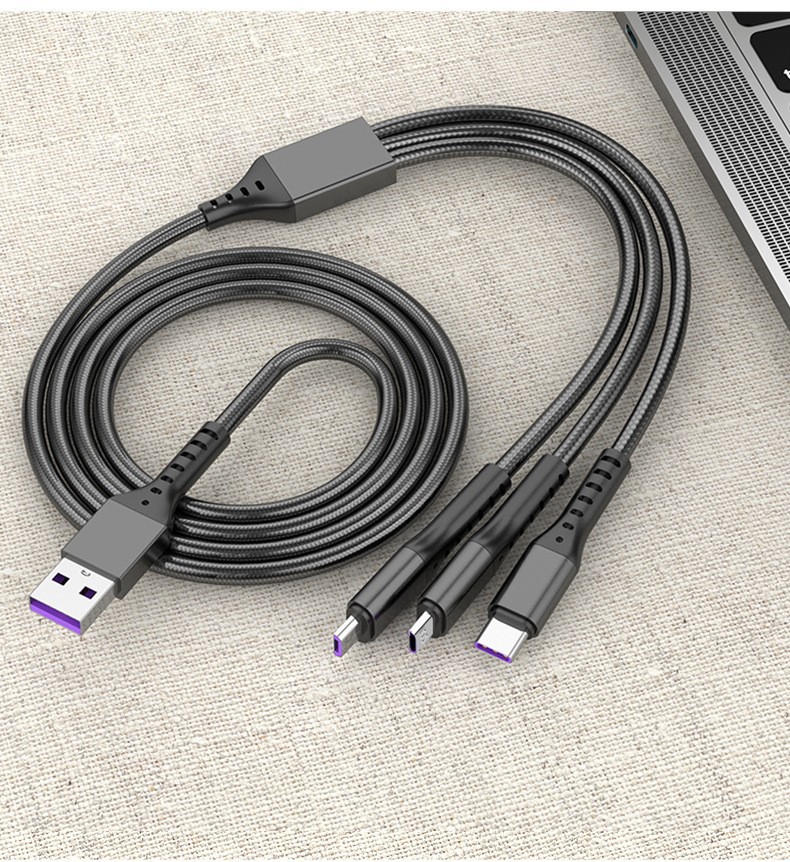 Универсальный зарядный кабель 3-в-1 USB Type-C - Lightning - MicroUSB, 5А, 1.2 метра, черный