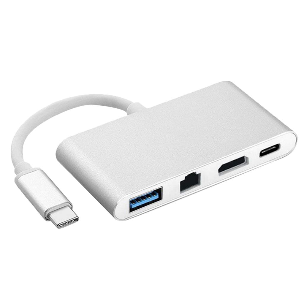 Адаптер - переходник - хаб 4in1 USB3.1 Type-C на HDMI - USB3.0 - USB3.1 Type-C - RJ45 (LAN) до 100 Мбит/с, серебро