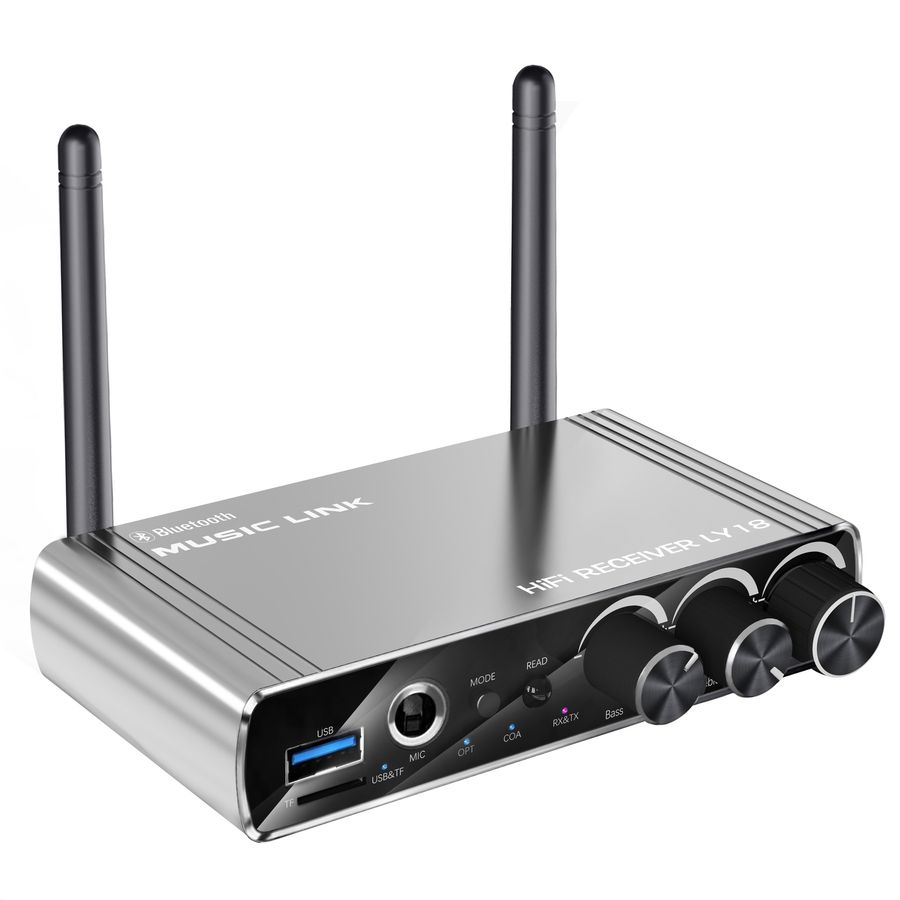Аудио адаптер Hi-Fi LY18 Bluetooth v5.4 (TX/RX) / оптика (Toslink/SPDIF) / AUX 3.5мм / RCA / USB / картридер TF / функция караоке (MIC 6,35мм), регулировка звука и тембра, пульт ДУ