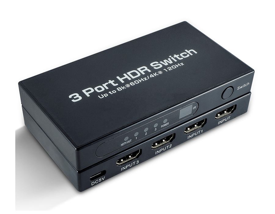 Адаптер - переключатель - свитч 3×1 HDMI 2.1 UltraHD 8K 60Гц, HDCP 2.3, пульт ДУ, активный, черный