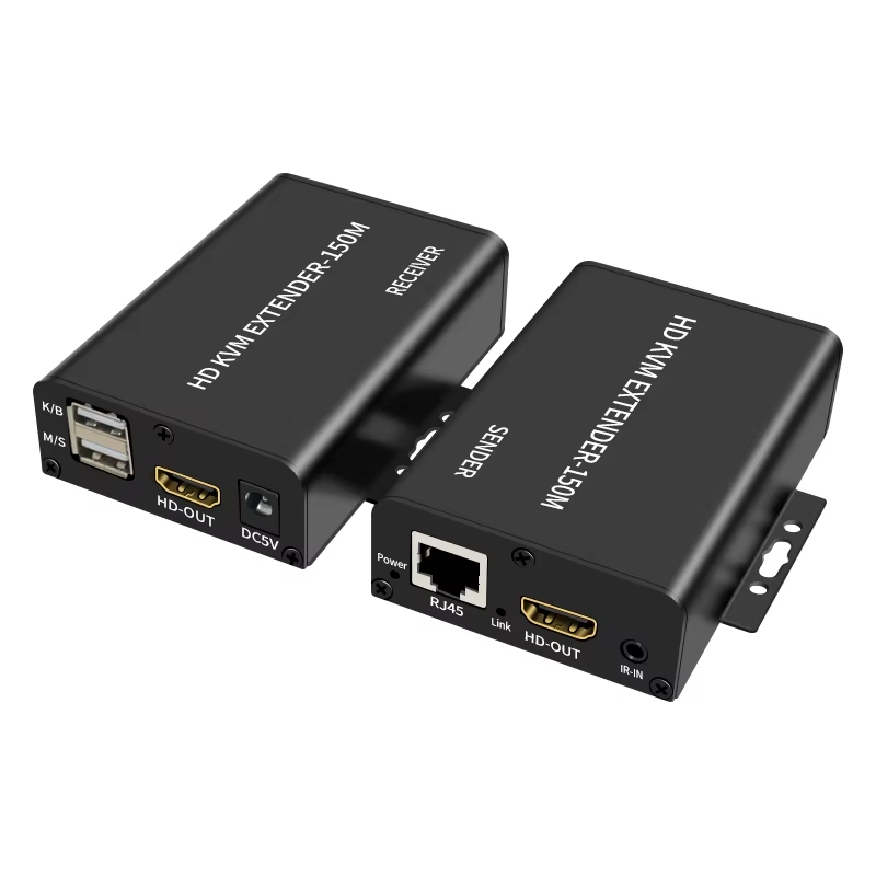 KVM-удлинитель HDMI USB по витой паре RJ45 UTP (LAN) до 150 метров, FullHD 1080p, комплект, с креплениями, черный
