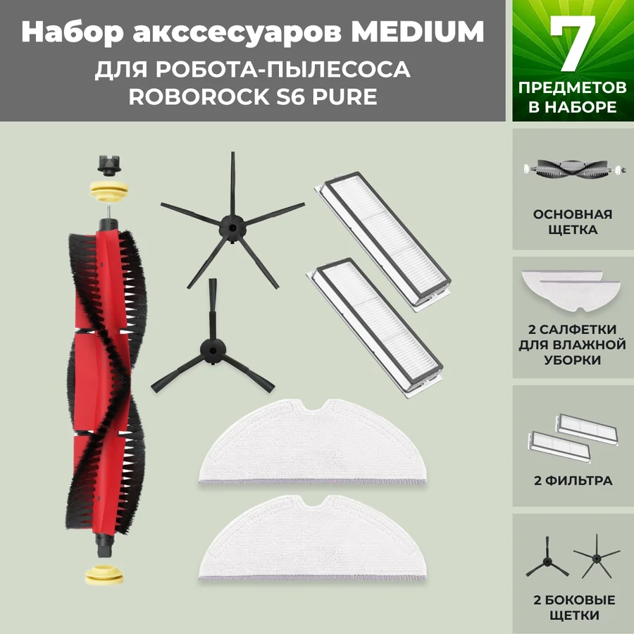 Набор аксессуаров Medium для робота-пылесоса Roborock S6 Pure, основная щетка с роликами, черные боковые щетки