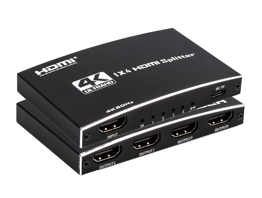 Cплиттер - разветвитель 1×4 HDMI 2.0 PRO UltraHD 4K 60Гц, 18.5 Гбит/c, поддержка HDCP2.2, HDR, 600MHz, ультра-тонкий, черный