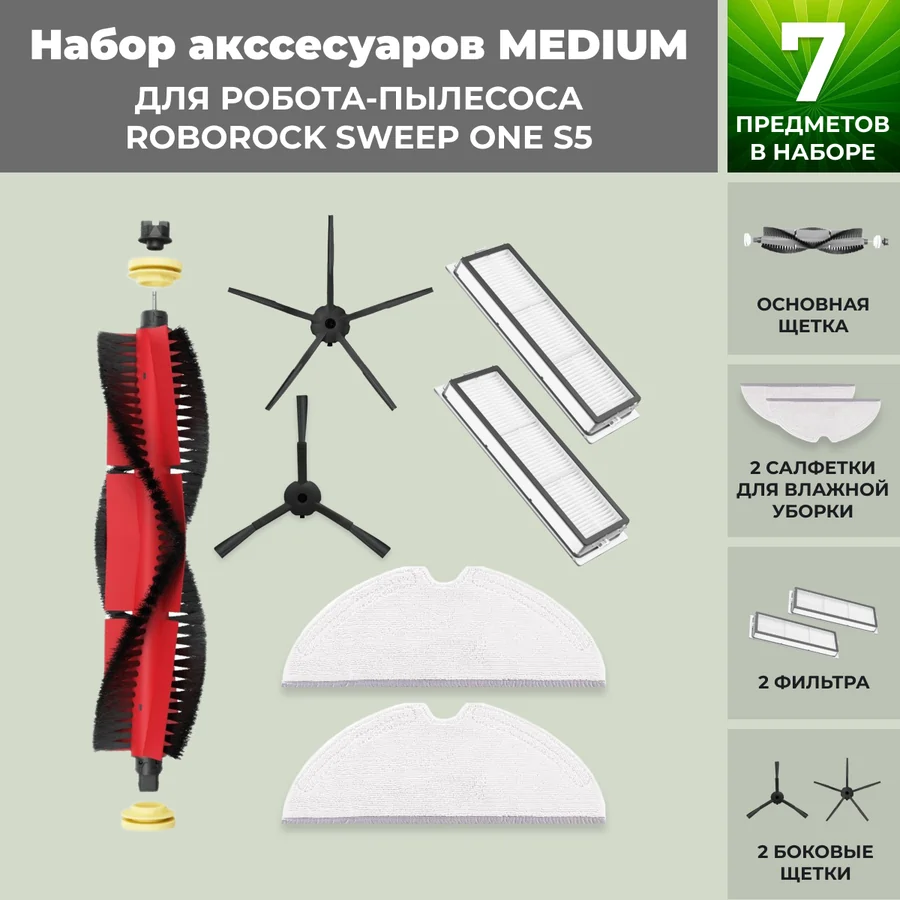 Набор аксессуаров Medium для робота-пылесоса Roborock Sweep One S5, основная щетка с роликами, черные боковые щетки