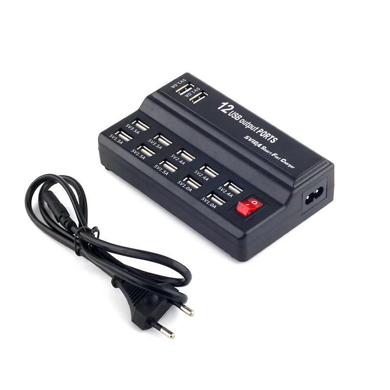 Зарядная станция на 12 USB портов mod. 1012P, 5V1-3.5A 60W, ABS-пластик, черный