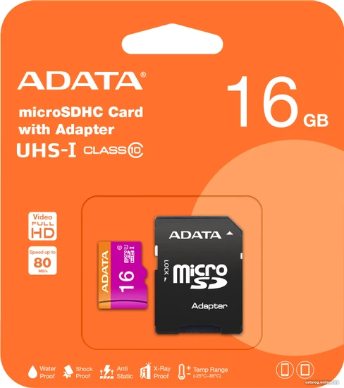 Карта памяти MicroSDHC 16Gb ADATA (W/ADAP.AUSDH16GUICL10A1-RA1), класс 10, SD-адаптер