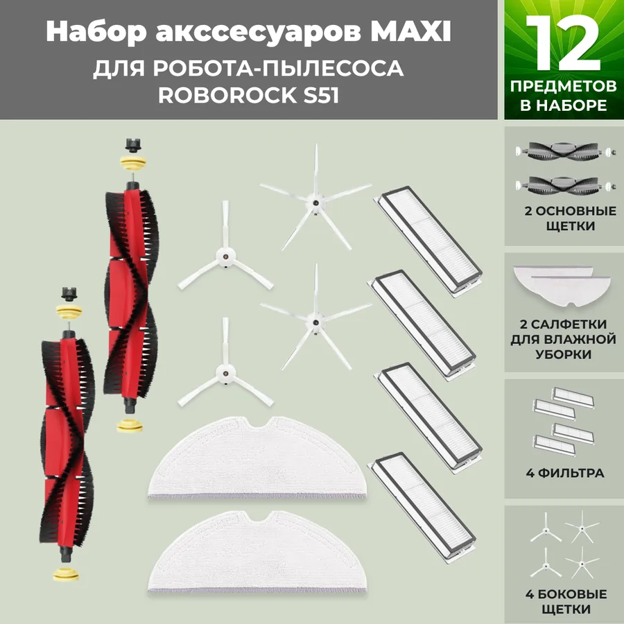 Набор аксессуаров Maxi для робота-пылесоса Roborock S51, основная щетка с роликами, белые боковые щетки