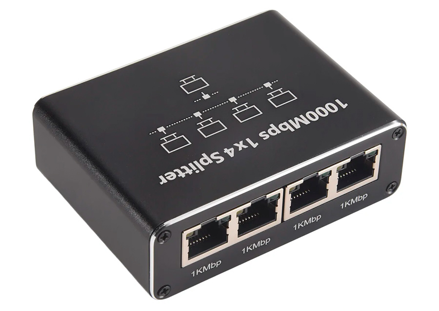 Cплиттер - разветвитель 1×4 RJ45 1000 Мбит/с, активный, черный