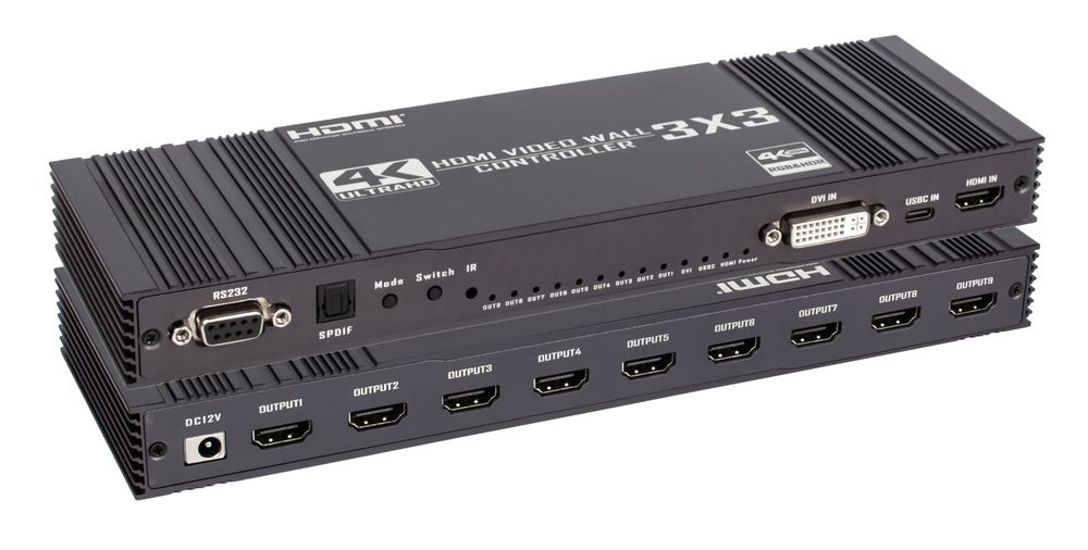 Контроллер видеостены HDMI v2.0 UltraHD 4K PRO до 9 экранов 3x3, оптика (Toslink/SPDIF), RS232, пульт ДУ