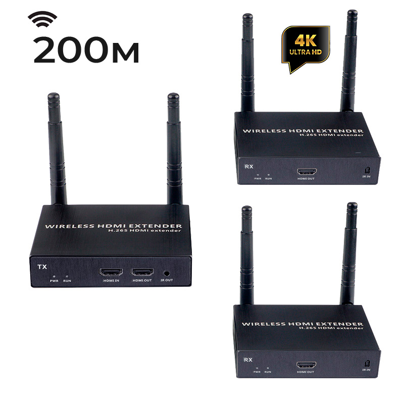 Удлинитель HDMI сигнала по Wi-Fi до 200 метров, UltraHD 4K, 1 приемник + 2 передатчика