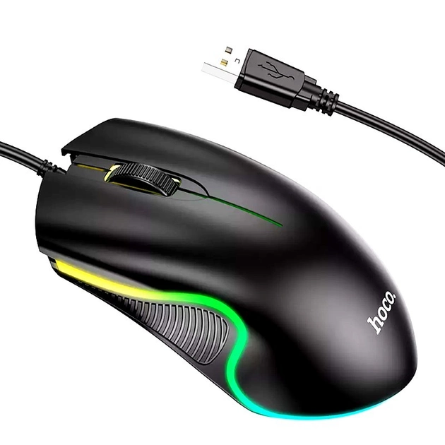Мышь игровая проводная HOCO GM19, RGB подсветка, 1000dpi,  2кн. 1кол., черный