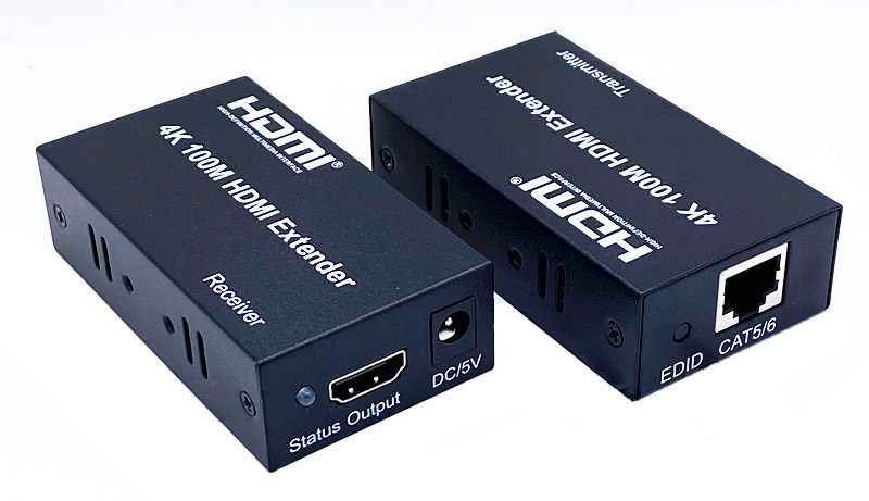 Удлинитель сигнала HDMI по витой паре RJ45 (LAN) до 100 метров, активный, UltraHD 4K, комплект, черный