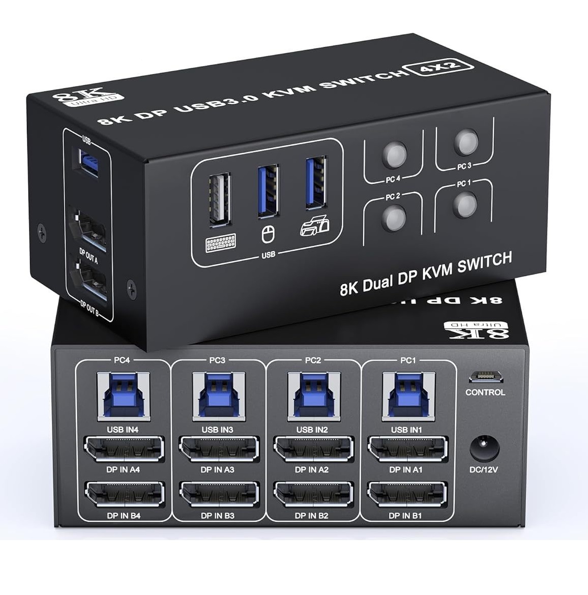Адаптер – KVM-переключатель 4×2 DisplayPort v1.4 – 8K 60Гц / 4K 120Гц, USB3.0, алюминий
