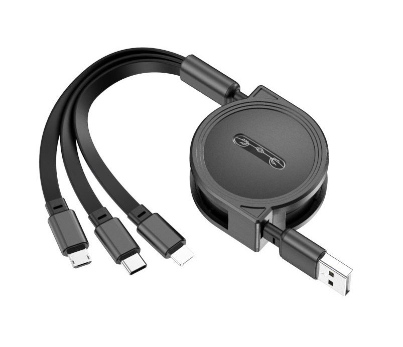 Универсальный зарядный кабель 3-в-1 USB Type-C - Lightning - MicroUSB с боксом для скрутки, 2А, 1 метр, черный