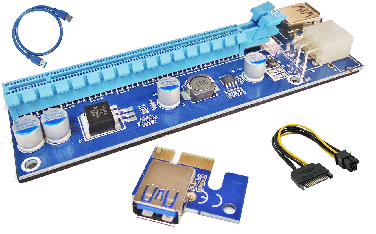 Адаптер - райзер USB3.0 PCI-E 1X на 16X, 6pin, (ver.007C)