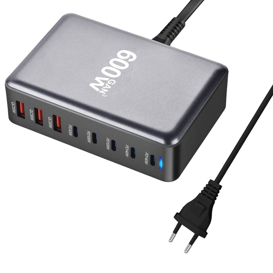 Настольное зарядное устройство - зарядная станция на 8 портов 600W USB-C / USB mod. 1006P200WB, быстрая зарядка, пластик, черный