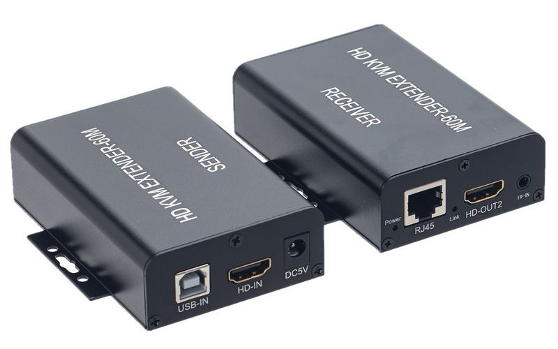 KVM-удлинитель HDMI USB по витой паре RJ45 UTP (LAN) до 60 метров, FullHD 1080p, комплект, с креплениями, черный