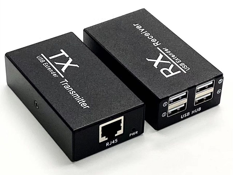 Адаптер - USB удлинитель по сетевому кабелю RJ45 до 200 метров для клавиатуры, мышки, камеры, принтера, комплект, черный