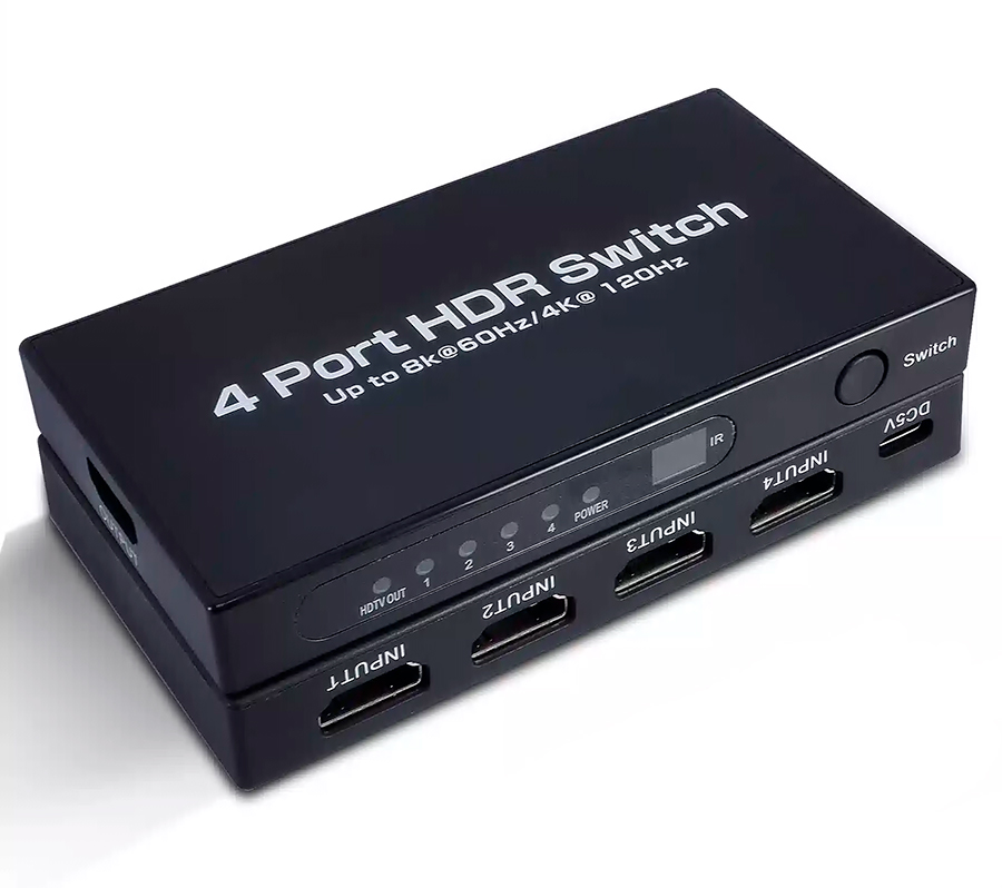 Адаптер - переключатель - свитч 4×1 HDMI 2.1 UltraHD 8K 60Гц, HDCP 2.3, пульт ДУ, активный, черный