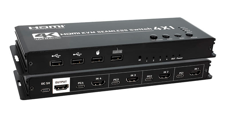 KVM-переключатель 4-х портовый HDMI 4K USB с функцией делителя экрана, черный