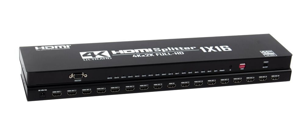 Cплиттер - разветвитель 1×16 HDMI 2.0 PRO UltraHD 4K 60Гц, 18.5 Гбит/c, поддержка HDCP2.2, HDR, EDID, RS232, 600MHz, черный