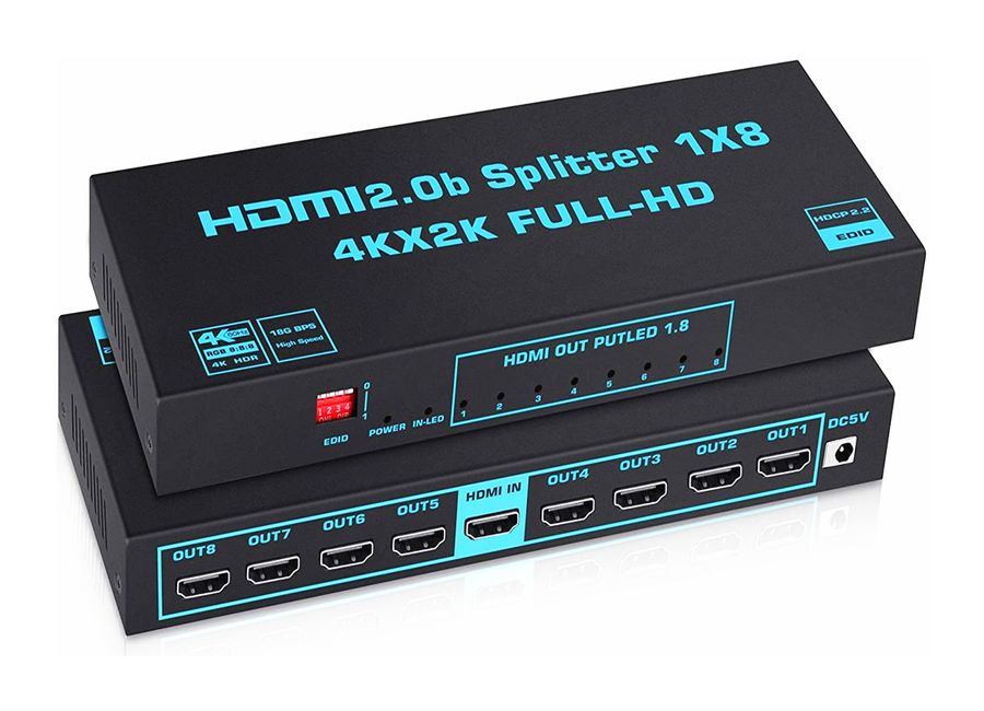 Cплиттер - разветвитель 1×8 HDMI 2.0b PRO UltraHD 4K 60Гц, 18.5 Гбит/c, поддержка HDCP2.2, HDR, EDID, 600MHz, черный