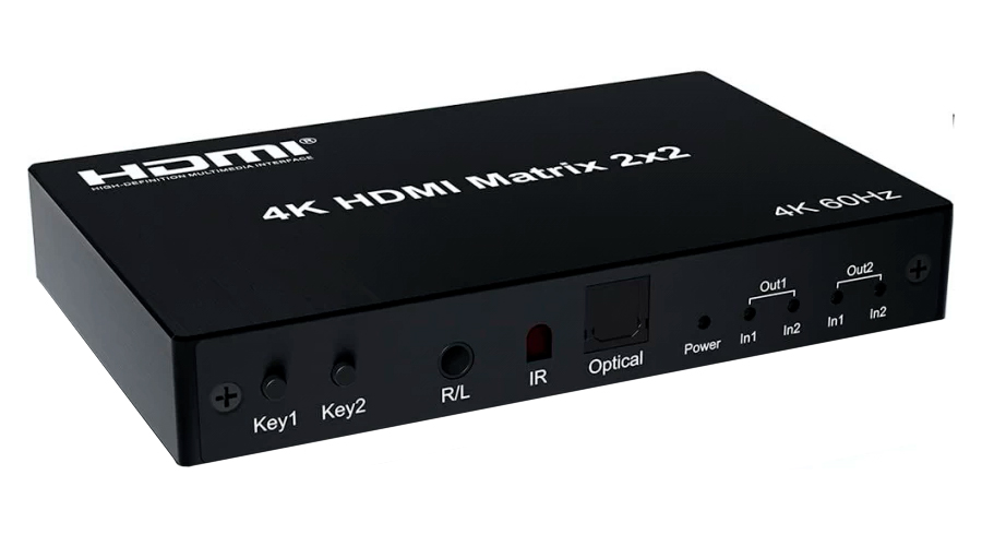 Матричный коммутатор - свитч-сплиттер 2×2 HDMI PRO, 4K 60HZ, оптика (Toslink/SPDIF), jack 3.5mm (AUX), пульт, черный