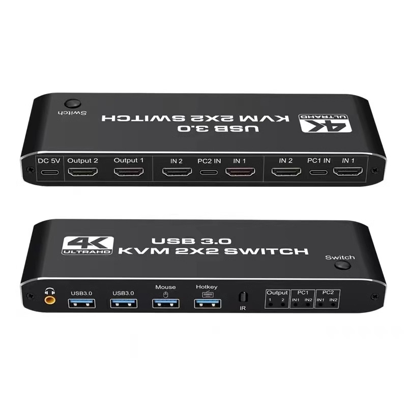 KVM-переключатель 2х2 HDMI 4K USB3.0, для двух мониторов, черный