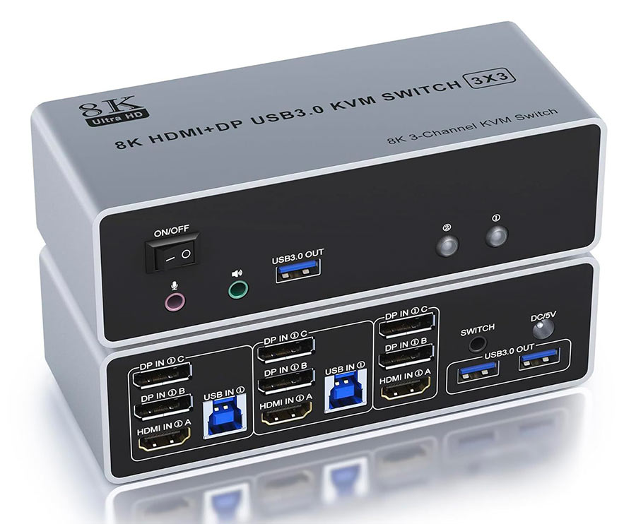 Адаптер – KVM-переключатель 3x3 HDMI 2.1 + DisplayPort 1.4 – 8K 60Гц / 4K 240Гц, USB3.0, jack 3.5мм + MIC, алюминий