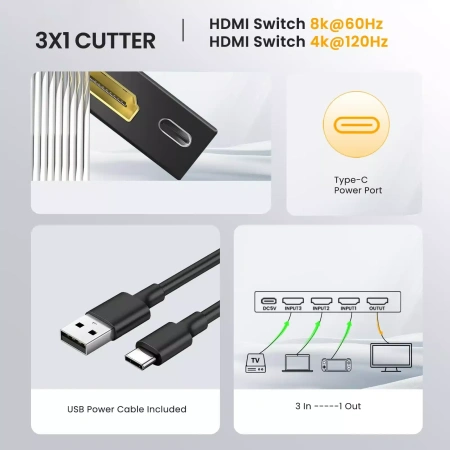 Адаптер - переключатель - свитч 3×1 HDMI 2.1 UltraHD 8K 60Гц, HDCP 2.3, пульт ДУ, активный, черный