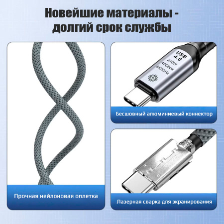 Кабель USB4.0 Type-C чип E-Marker, 8K 60Гц / 4K 144Гц, 40 Гбит/с, PD 240W (48V/5A), поддержка Thunderbolt 3/4, 0,5 метра