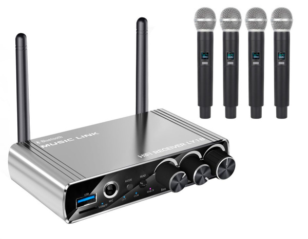 Караоке-система Аудио адаптер Hi-Fi LY18, беспроводной микрофон SM-54, комплект: 4 микрофона + приемник