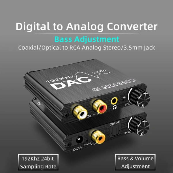 Адаптер - переходник, аудио-преобразователь с оптики (Toslink/SPDIF) на jack 3.5mm (AUX) ver.02 PREMIUM, RCA, регулятор звука и баса, черный