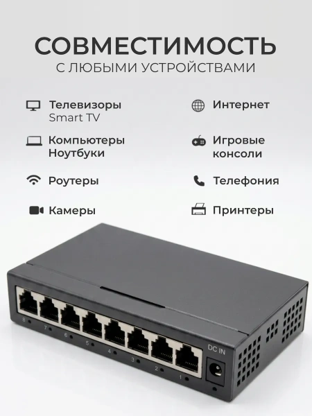 Сетевой свитч – LAN разветвитель – хаб RJ45 на 8 портов, 10/100/1000 Мбит/с, металлический корпус, черный