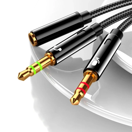 Кабель - соединитель jack 3.5mm (AUX) и jack 3.5mm (MIC) на jack 3.5mm (AUX+MIC), папа-мама, 1 метр, черный