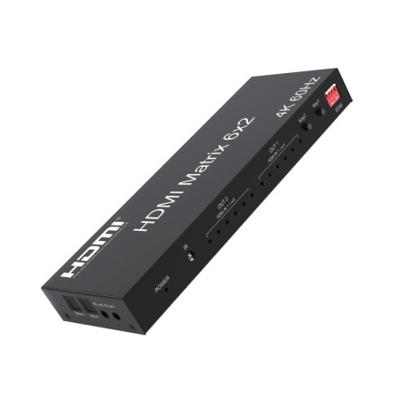 Матричный коммутатор - свитч-сплиттер 6×2 HDMI PRO, 4K 60HZ, оптика (Toslink/SPDIF), jack 3.5mm (AUX), EDID, пульт, черный