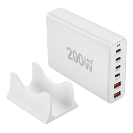 Настольное зарядное устройство - зарядная станция на 6 портов 200W USB-C / USB mod. 1006P200WW, быстрая зарядка, пластик, белый