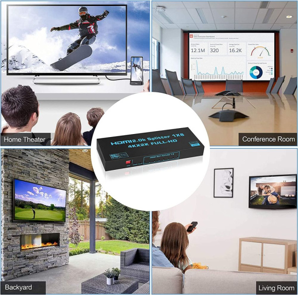 Cплиттер - разветвитель 1×8 HDMI 2.0b PRO UltraHD 4K 60Гц, 18.5 Гбит/c, поддержка HDCP2.2, HDR, EDID, 600MHz, черный