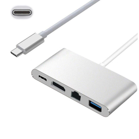 Адаптер - переходник - хаб 4in1 USB3.1 Type-C на HDMI - USB3.0 - USB3.1 Type-C - RJ45 (LAN) до 100 Мбит/с, серебро