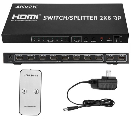 Матричный коммутатор - свитч-сплиттер 2×8 HDMI, 4K 3D, пульт, черный