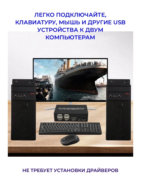 Адаптер - 2-х портовый KVM-переключатель HDMI 4K USB2.0/USB-C, черный
