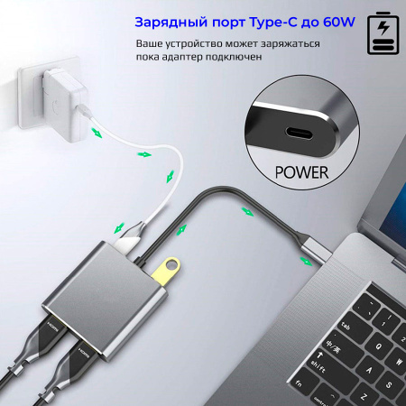 Адаптер - переходник USB3.1 Type-C - 2х HDMI - USB3.0 - USB3.1 Type-C, серый