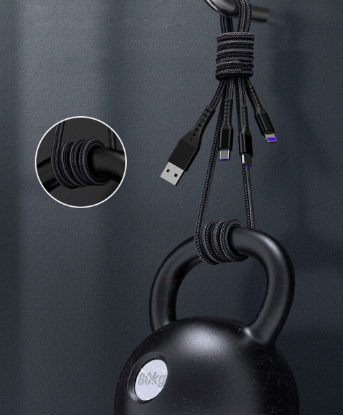 Универсальный зарядный кабель 3-в-1 USB Type-C - Lightning - MicroUSB, 5А, 1.2 метра, черный