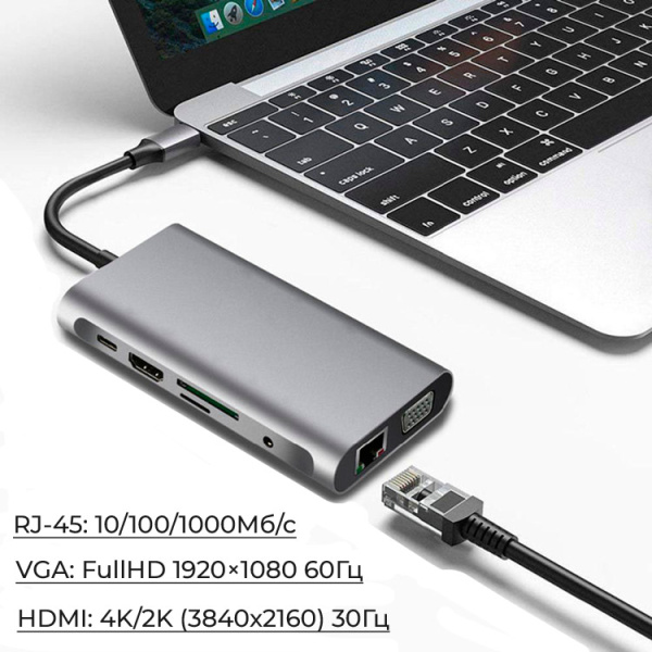 Адаптер - переходник - хаб 8in1 USB3.1 Type-C на HDMI - VGA - 3x USB3.0 - RJ45 (LAN) до 1000 Мбит/с - jack 3.5mm (AUX) - картридер SD, серый