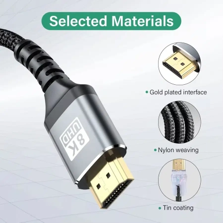 Кабель HDMI v2.1 Premium PRO UltraHD 8K 60Гц / 4K 120Гц, поддержка HDR, ARC, 48 Гбит/с, в оплетке, 1,5 метра