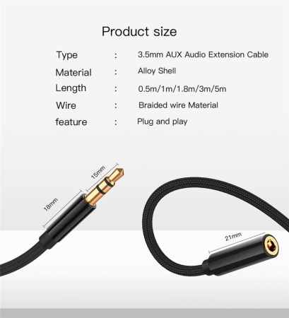 Кабель jack 3.5mm (AUX), папа-мама, 0,5 метра, ткань, черный