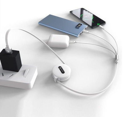 Универсальный зарядный кабель 3-в-1 USB Type-C - Lightning - MicroUSB с боксом для скрутки, 2А, 1 метр, белый
