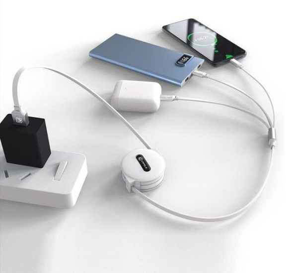 Универсальный зарядный кабель 3-в-1 USB Type-C - Lightning - MicroUSB с боксом для скрутки, 2А, 1 метр, белый